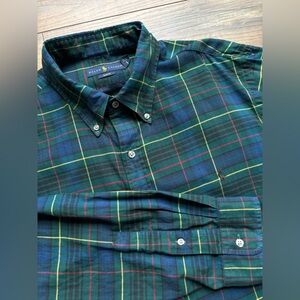 Ralph Lauren Men XL Slim Fit Blue Green Plaid Long Sleeve Button Front Shirt-SEE